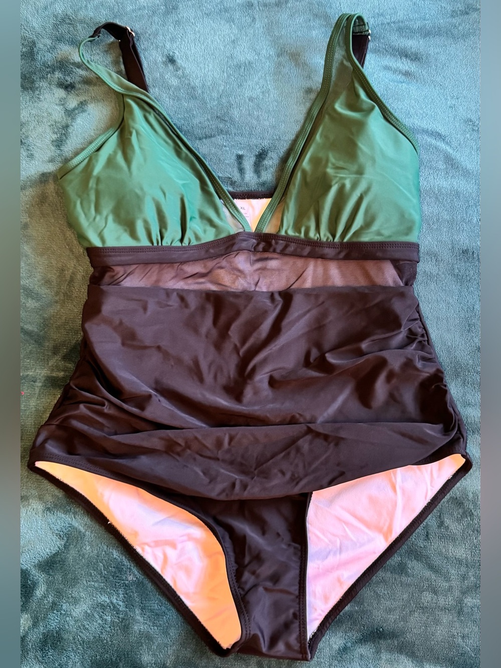 Green and Black Women’s One-Piece Swim Suit with Mesh Detail
